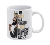 I Am Black Man Powerful Leader Ambitious Blessed Tasse à café en céramique blanche 325 ml Tasse à thé imprimée double face avec poignée ergonomique en C et fond épais en porcelaine pour la maison, le