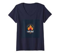 I Am That I am : Empowering Flame of Self-Affirmation T-Shirt avec Col en V, Femme, Bleu Marine, S