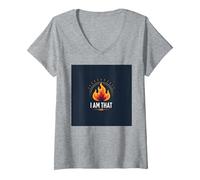 I Am That I am : Empowering Flame of Self-Affirmation T-Shirt avec Col en V, Femme, Gris Chiné, XXL