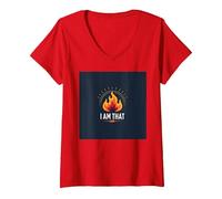 I Am That I am : Empowering Flame of Self-Affirmation T-Shirt avec Col en V, Femme, Rouge, M