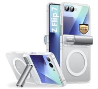 i-Blason Coque pour Samsung Galaxy Z Flip 7 avec Béquille [Protecteur d'Ecran Verre Trempé] [Protection Charnières] [Chargement sans Fil] Protection Magnétique Fine Coque pour Z Flip 7, Transparent