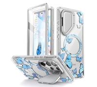 i-Blason [Cosmo Coque pour Samsung Galaxy S24 Ultra 5G (2024), avec Support Pliable Couvercle Caméra, Protection Fine Intégrale Design Motif avec Protecteur d'écran (Papillon Bleu)