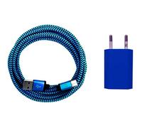 i! Bloc d'alimentation USB 1 A + câble de charge rapide USB-C en nylon de 2 m de qualité supérieure pour téléphone portable, tablette et smartphone - Bleu