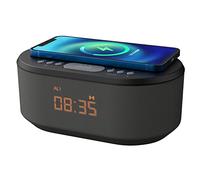 i-box Réveil de chevet sans fil avec affichage LED à intensité variable - Sans tic-tac, alimentation secteur avec chargeur USB et enceinte Bluetooth - Noir