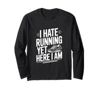 I Hate Running Yet Here I Am Funny Fitness Humour Manche Longue