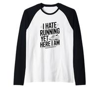 I Hate Running Yet Here I Am Funny Fitness Humour Manche Raglan