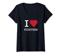 I Heart Fighters, I Love Fighters T-Shirt avec Col en V, Femme, Noir, M