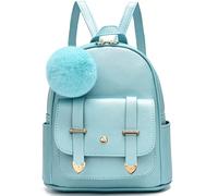 I IHAYNER Mini sac à dos tendance fille, sac à dos femme, adolescente, sacs à main en cuir PU, sac à dos à pompon, sac à bandoulière, Bleu nacré, Small, Classique