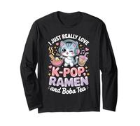 I Just Love K-Pop Ramen and Boba Tea Cute Cat Graphic Manche Longue