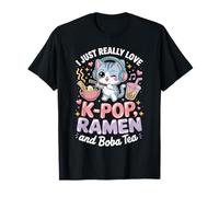 I Just Love K-Pop Ramen and Boba Tea Cute Cat Graphic T-Shirt
