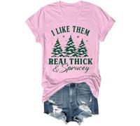 I Like Them Real Thick and Sprucey Shirt Funny Christmas Tree Graphic Tee Holiday Short Sleeve Tops, rose, XL