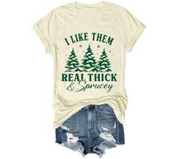 I Like Them Real Thick and Sprucey Shirt Funny Christmas Tree Graphic Tee Holiday Short Sleeve Tops, Jaune crémeux., M