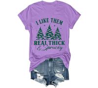I Like Them Real Thick and Sprucey Shirt Funny Christmas Tree Graphic Tee Holiday Short Sleeve Tops, violet, M