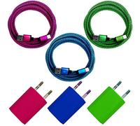 i! - Lot de 3 blocs d'alimentation USB 1 A + 3 câbles de charge rapide USB-C en nylon de qualité supérieure de 2 m pour téléphone portable, tablette, smartphone - Bleu + vert + rose