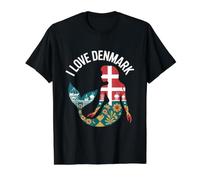 I Love Danemark Drapeau Silhouette sirène T-Shirt Graphique avec Valeur, Homme, Noir, L