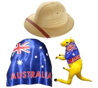 I LOVE FANCY DRESS Cape, chapeau et kangourou gonflable australien, cape du drapeau australien, kangourou gonflable jaune et chapeau pith beige - Parfait pour la journée australienne et les événements