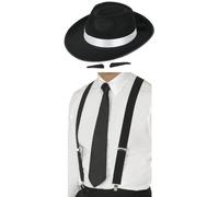 I LOVE FANCY DRESS Chapeau de gangster noir et ruban blanc style années 1920 avec les bretelles + la cravate noire+ fine moustache.