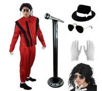 I LOVE FANCY DRESS Costume adulte Deluxe King of Pop - Veste et pantalon de style thriller rouge, lunettes d'aviateur, chapeau noir et blanc, gants blancs, perruque noire bouclée et microphone