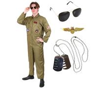 I LOVE FANCY DRESS Costume d'aviateur de pilote VE Day pour adultes - Taille L - Combinaison de pilote d'air pour homme Costume de pilote d'aviateur, lunettes de soleil, badge de pilote et plaques