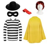 I LOVE FANCY DRESS Costume de cambrioleur de dessin animé pour adultes - XL - Haut rayé, cape jaune, perruque rouge, chapeau et accessoires