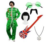 I LOVE FANCY DRESS Costume de groupe rétro vert pour homme - Large - Veste de style Sgt. Style, perruque, lunettes vertes, moustache, guitare Union Jack et collier de paix