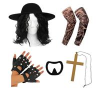 I LOVE FANCY DRESS Costume de lutteur des années 1990 pour adultes - Perruque noire ondulée, chapeau, manches de tatouage, gants, chèvre, croix dorée - Ensemble d'accessoires de lutte unisexe pour