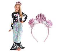 I LOVE FANCY DRESS Costume d'Halloween pour fille - Taille M - Robe squelette noire avec jupe en queue de sirène et bandeau rose - Déguisement d'Halloween pour enfants