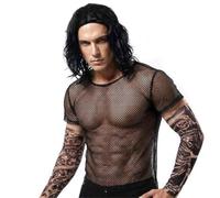 I LOVE FANCY DRESS Costume inspiré de l'équipe de lutteur des années 2000 - Haut à manches longues en maille transparente noire, perruque ondulée noire et deux fausses manches de tatouage sur les bras
