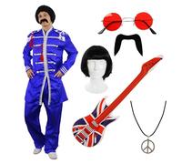 I LOVE FANCY DRESS Costume rétro bleu pour homme - Grande - Veste, perruque, lunettes rouges, moustache, guitare Union Jack et collier de paix