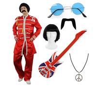 I LOVE FANCY DRESS Costume rétro pour homme - Medium - Veste rouge, perruque, guitare Union Jack, collier de paix, lunettes et moustache - S