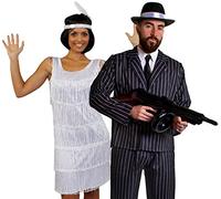 I LOVE FANCY DRESS Déguisement accessoires pour couple de gangster adulte + robe blanche Charleston M. bandeau, collier de fausses perles + costume à rayures S. mitrailleuse gonflable, chapeau