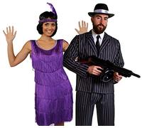 I LOVE FANCY DRESS Déguisement accessoires pour couple de gangster adulte + robe violette Charleston XXL, bandeau, collier de fausses perles + costume à rayures XXL, mitrailleuse gonflable, chapeau