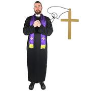 I LOVE FANCY DRESS DÉGUISEMENT DE PRÊTRE pour Homme avec Croix - Tunique Longue Noire avec COL Blanc + Foulard Violet avec Croix en Or BRODÉE + Collier Croix Or - Taille: Grand