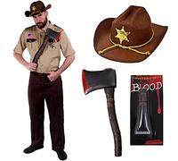 I LOVE FANCY DRESS Déguisement du célèbre shérif chasseur de zombie de la série américaine avec la chemise + le pantalon + le chapeau + une hache + sang. Ideal pour les fêtes d'Halloween. (Large)