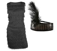 I LOVE FANCY DRESS Déguisement enfant jeune fille délurée en Noire - Robe à franges sur le devant avec bandeau assorti - Tenue de style des années 1920 pour les filles (8-10 Ans)