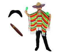 I LOVE FANCY DRESS Déguisement Mexicain pour Homme - Y Compris: Poncho, Sombrero Rouge, Cigar et Moustache Mexicain - Idéal pour Les Fêtes Entre Amis et Famille