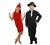 I LOVE FANCY DRESS Déguisement pour enfant de couple gangster style Charleston avec filles robe à franges rouge + bandeau. M. et garcons chapeau + veste + pantalon + cravate. XL