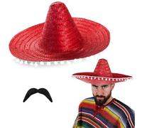 I LOVE FANCY DRESS Ensemble d'Accessoires pour Sombrero - Lot de 1 - Sombrero Rouge avec Pompons Blancs et Moustache - Accessoires pour Fêtes Mexicaines Fiesta Party Unisexe