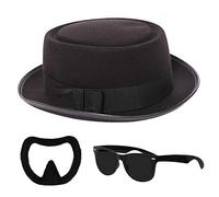 I LOVE FANCY DRESS Heisenberg Ensemble d'accessoires pour adulte Chapeau de tarte au porc noir classique, à coller sur la barbe de chèvre et lunettes de soleil noires. Chapeau de tarte au porc pour