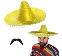 I LOVE FANCY DRESS Lot de 6 accessoires de sombreros mexicains - Jaune avec pompons blancs et moustache mexicaine - Accessoires pour fêtes mexicaines - Unisexe