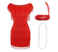 I LOVE FANCY DRESS LTD Robe de jeune fille délurée de luxe - Costume de clapet rouge de luxe de luxe avec bandeau à paillettes assorti et collier de perle argenté - Robe de fête des années 1920