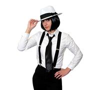 I LOVE FANCY DRESS Un déguisement de gangster pour femme avec un chapeau blanc à bande noire + une cravate + une perruque + des bretelles. Idéal pour les enterrements de vie de jeune fille. (58cm)