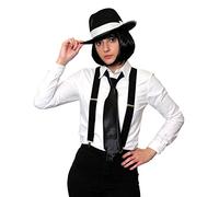 I LOVE FANCY DRESS Un déguisement de gangster pour femme avec un chapeau noir à bande blanche + une cravate + une perruque + des bretelles. Idéal pour les enterrements de vie de jeune fille. (58cm)