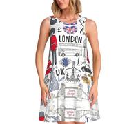 I Love London Robe d'été décontractée pour femme, robe gilet, jupe de vacances, robe ronde sans manches tendance, Noir , S