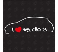 I love my Clio 3 - Autocollant compatible avec Renault - Année 2005 - 2014 - Réglage, Autocollant de fenêtre, Conception, Voiture, Silhouette, Frontière