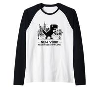 I Love NYC, New York Never Goes Offline Retro Pixel Dinosaur Manche Raglan