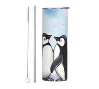 I Love Penguins Gobelet avec couvercle et paille - Bouteille d'eau isotherme à double paroi en acier inoxydable - Étanche - Pour boissons chaudes et froides - 591 ml
