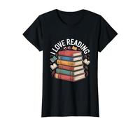 I Love Reading Book Stack Athusiast T-Shirt Graphique avec Valeur, Femme, Noir, S