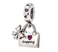 I Love Shopping Charm pour bracelets Pandora élégamment plaqué en argent fin orné de cristaux roses étincelants - Boîte cadeau, One Size, Métal, Zircone cubique