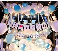 I Love You Lot de 30 ballons de décoration avec bannière, bleu et blanc, 10 pouces, avec étoiles et ruban, pour anniversaire et proposition de mariage